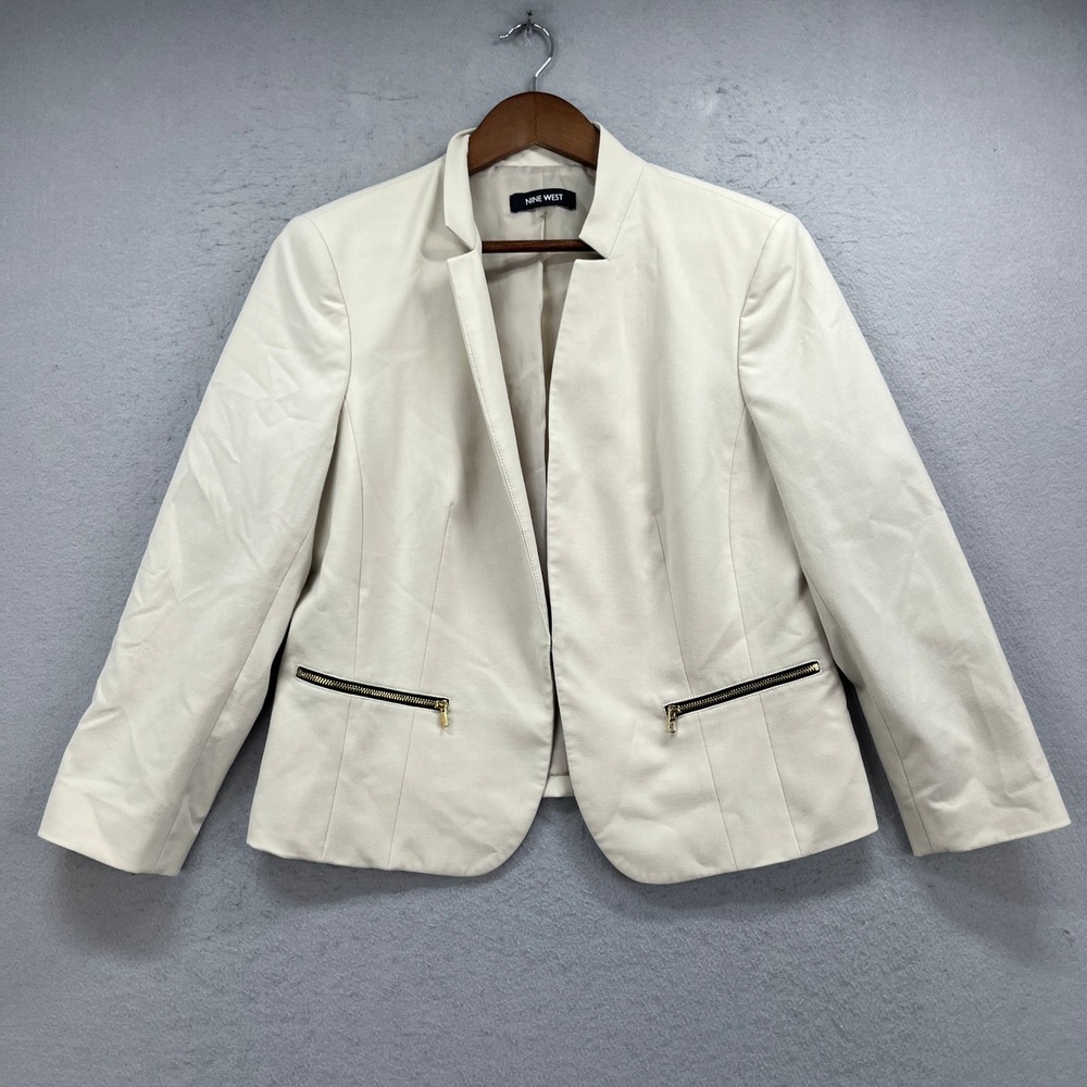 Nine West Blazer Womens 10 Ivory Open Front Hook Eye Professional Career Jacket